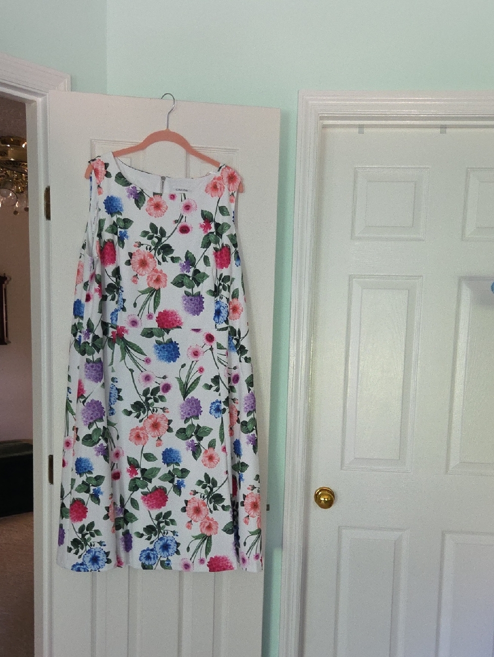 Calvin Klein White Floral A-Line Dress with Pink, Blue & Purple Flowers
